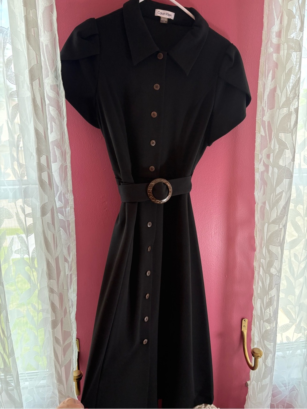 Calvin Klein Black Button-Front Midi Shirt Dress with Round Buckle Belt